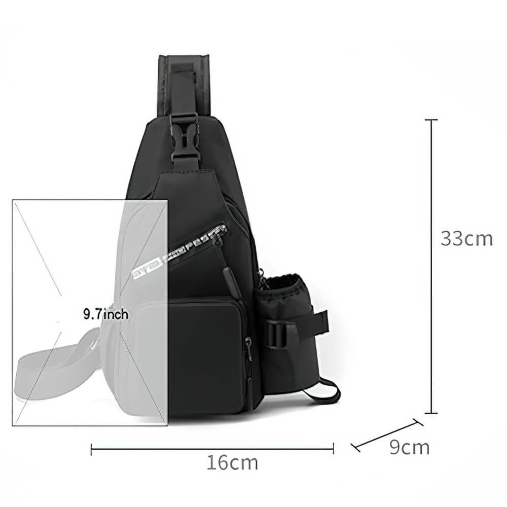 Black men's crossbody bag with USB port, showing dimensions: 33cm tall, 16cm wide, 9cm deep. Features adjustable strap and side pocket.